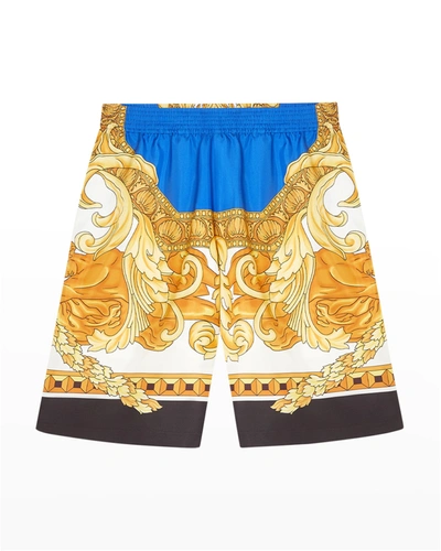 Shop Versace Men's Medusa Renaissance Silk Shorts In Royal Bluegold