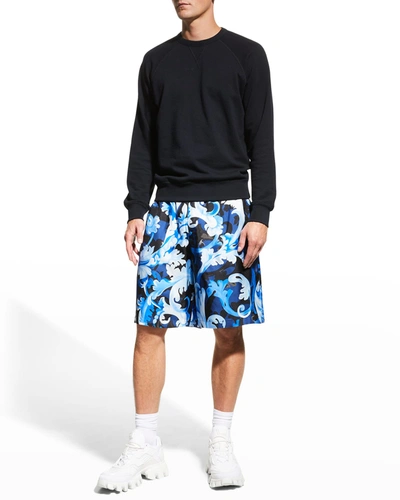 Shop Versace Men's Barocco Camo-print Silk Shorts In Blue Navyprint