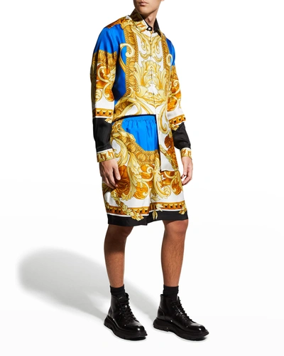 Shop Versace Men's Renaissance Silk Sport Shirt In Royal Bluegold