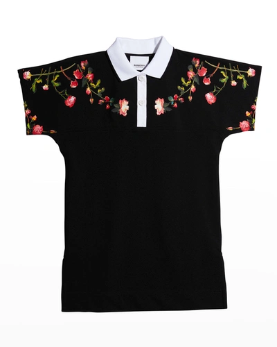 Shop Burberry Girl's Floral Logo-print Polo Shirtdress In Black