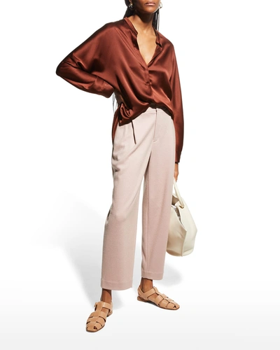 Shop Vince Band-collar Silk Blouse In Dk Red Umber