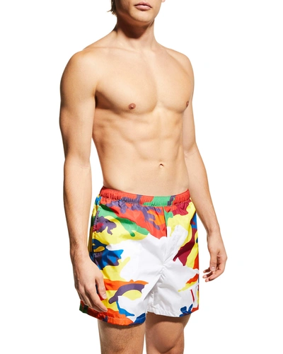 Shop Valentino Men's Multicolor Camo-print Nylon Swim Trunks In White Multi