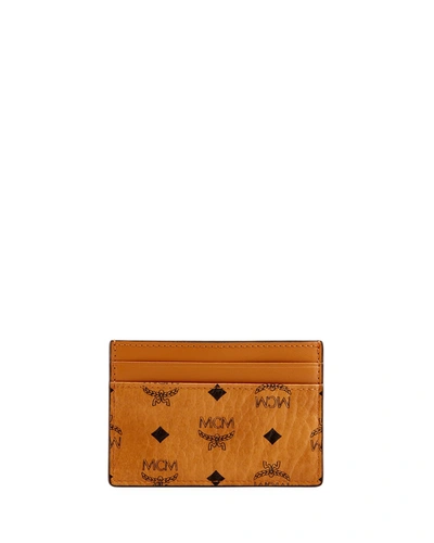 Mcm Men's Signature Visetos Mini Card Case In Cognac