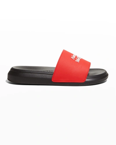 Shop Alexander Mcqueen Men's Logo Pool Slide Sandals In Red/white