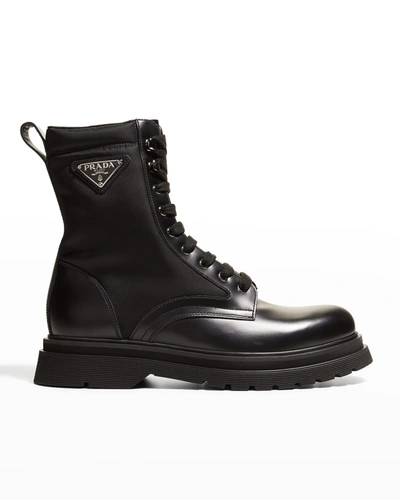 Shop Prada Men's Re-nylon & Leather Combat Boots In Nero