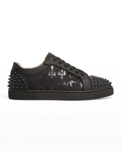 Shop Christian Louboutin Men's Seavaste 2 Orlato Spike Red Sole Low-top Sneakers In Black/black Mat