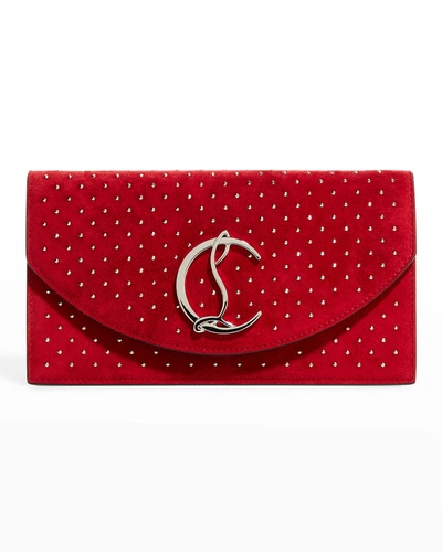 Shop Christian Louboutin Loubi54 Studded Suede Clutch Shoulder Bag In Red