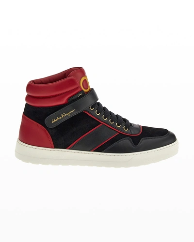 Shop Ferragamo Men's Noe Colorblock Mix-leather High-top Sneakers In Black