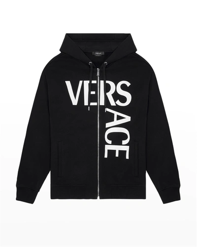 Shop Versace Men's Split-logo Zip Hoodie In Black