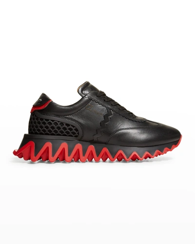 Shop Christian Louboutin Men's Loubishark Flat Leather Red-sole Runner Sneakers In Black/loubi