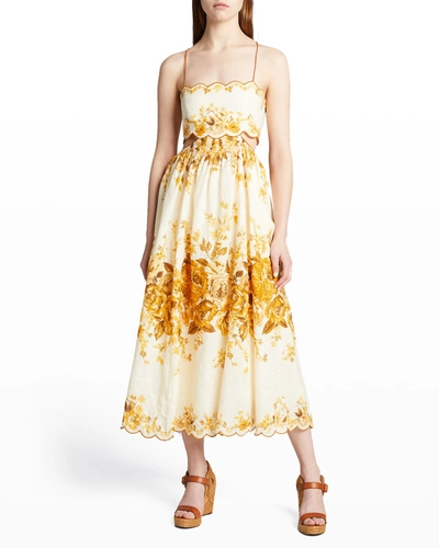 Shop Zimmermann Aliane Scalloped Midi Dress In Amber Floral