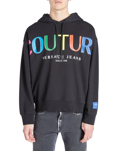 Shop Versace Jeans Couture Men's Rainbow Institutional Logo Hoodie In Nero