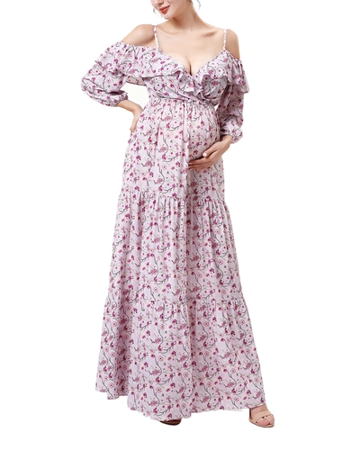 Shop Kimi & Kai Maternity Raina Floral-print Cold-shoulder Maxi Dress In Multicolored
