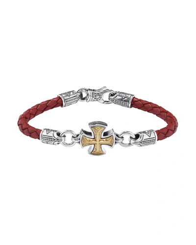 Shop Konstantino Men's Perseus Leather Bracelet With Silver/bronze Cross In Red