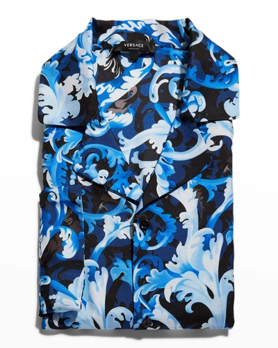 Shop Versace Men's Baroccoflage-print Silk Pajama Top In 5u040bluenavyprin