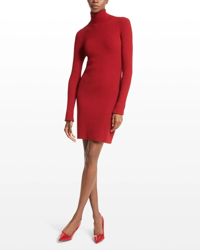 Shop Michael Kors Turtleneck Ribbed-knit Body-con Dress In Scarlet
