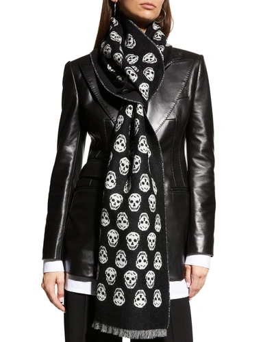 Shop Alexander Mcqueen Reversible Skull-print Wool Scarf In Black/ivory