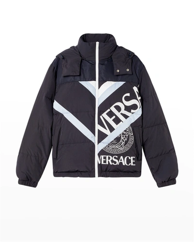 Shop Versace Men's V Split-logo Puffer Jacket In Bluelight Bluewhi