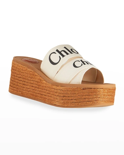 Shop Chloé Woody Logo Canvas Wedge Espadrilles In White