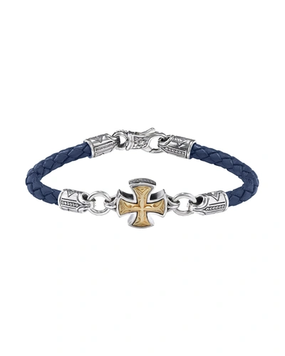 Shop Konstantino Men's Perseus Leather Bracelet With Silver/bronze Cross In Indigo
