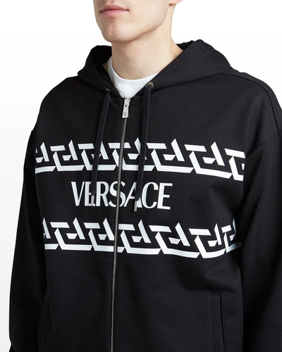 Shop Versace Men's Greca Logo Zip Hoodie In Black