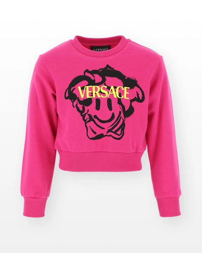 Shop Versace Girls' Cropped Sweatshirt With Happy Face Medusa Logo In 6p260fuxia Black
