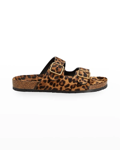 Shop Saint Laurent Jimmy Leopard Flat Buckle Sandals In Natural