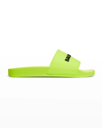 Shop Balenciaga Men's Logo Pool Slide Sandals In Yellow/bla