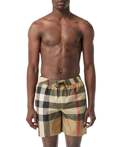 Shop Burberry Men's Guildes Vintage Check Swim Shorts In Beige