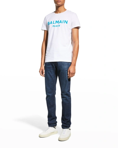 Shop Balmain Men's Flocked-logo T-shirt In White/blue