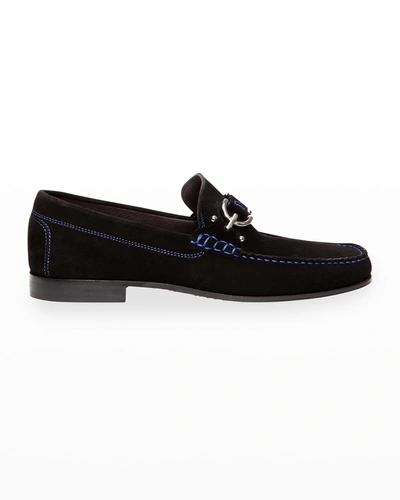 Shop Donald J Pliner Men's Dacio Contrast-stitch Suede Loafer In Black