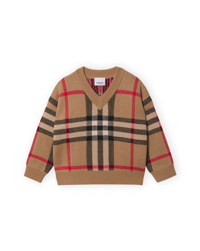 Shop Burberry Boy's Denny Vintage Check Wool-cashmere Sweater In Archive Beige Ip