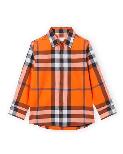 Shop Burberry Boy's Owen Vintage Check Button-down Shirt In Neon Orange