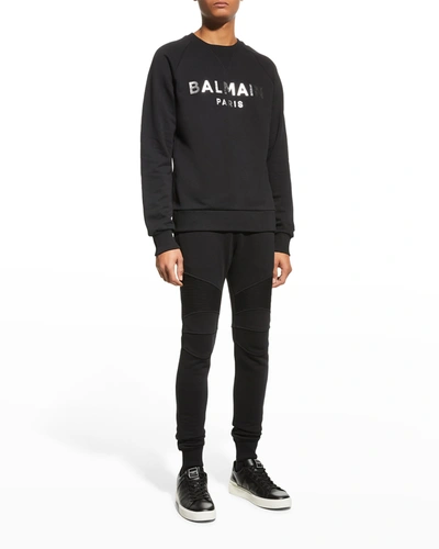 Shop Balmain Men's Rib-panel Sweatpants In Black/white