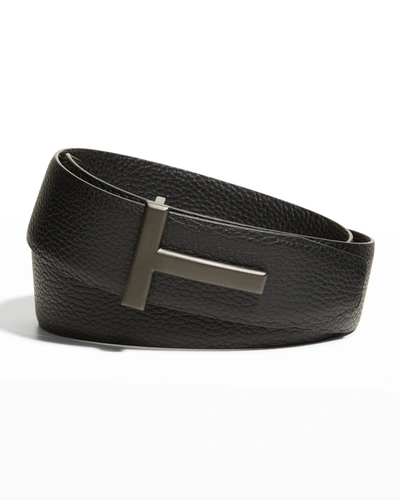 Shop Tom Ford Men's T-buckle Leather Belt In Black