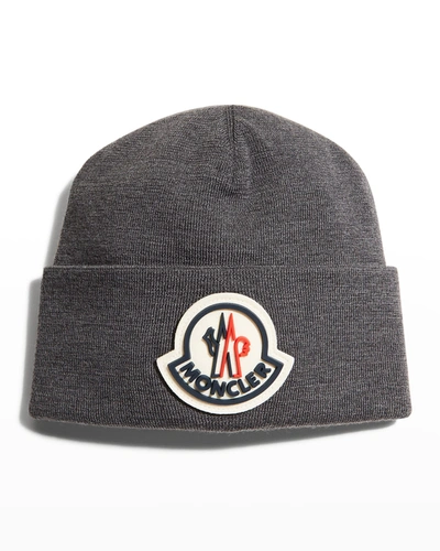 Shop Moncler Men's Large-logo Beanie Hat In Charcoal