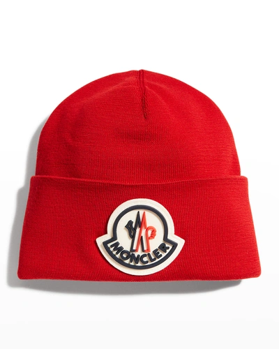 Shop Moncler Men's Large-logo Beanie Hat In Red