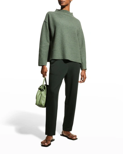 Shop Eileen Fisher Funnel-neck Boiled Wool Box Top In Cypress