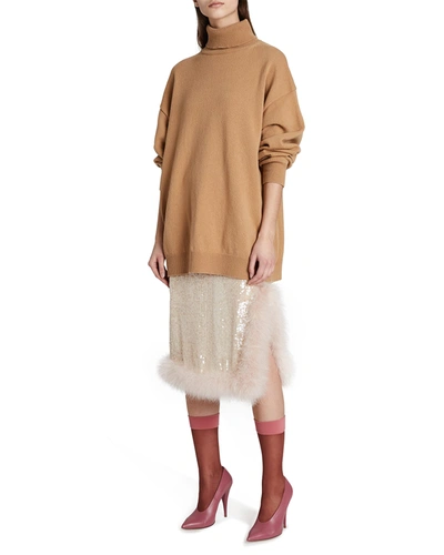 Shop Dries Van Noten Draped Sequin Skirt W/ Marabou Feather Trim In Blush 300