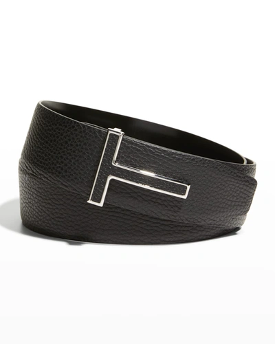 Shop Tom Ford Men's T-buckle Reversible Leather Belt In Black