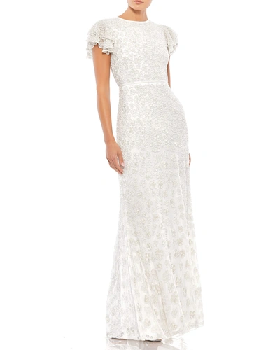 Shop Mac Duggal Butterfly-sleeve Floral Sequin Gown In White