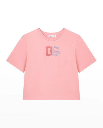 Shop Dolce & Gabbana Girl's Logo Embroidery Cotton T-shirt In Pink