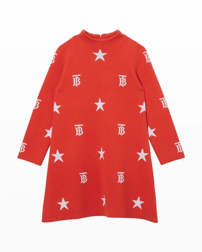 Shop Burberry Girl's Denise Tb & Star Embroidered Sweater Dress In Tangerine