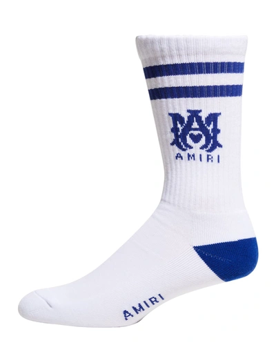 Shop Amiri Men's Ribbed Logo Striped Socks In Surf