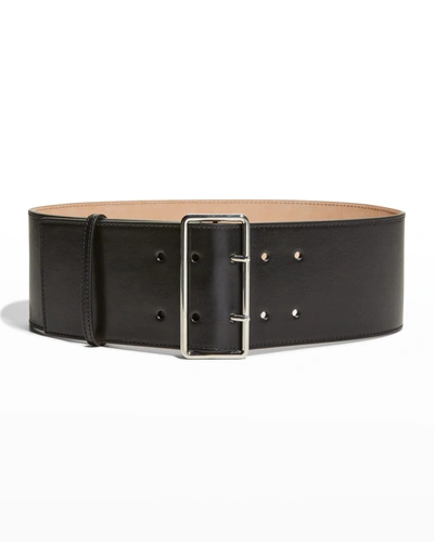 Alexander Mcqueen Leather Belt With Silver-tone Buckle 85mm In Black