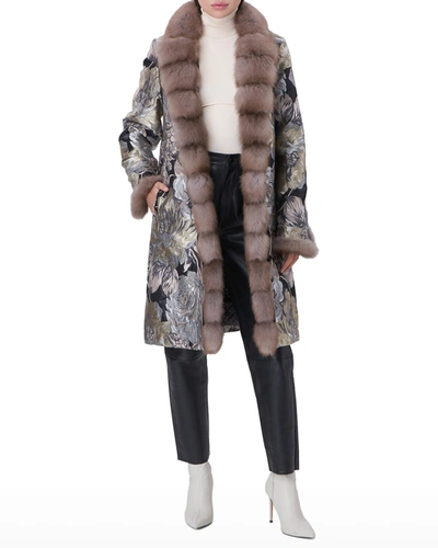 Shop Pajaro Floral-jacquard Coat W/ Horizontal Fur Trim In Brownmulti