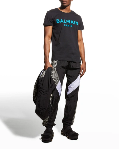 Shop Balmain Men's Flocked-logo T-shirt In Black/turquoise