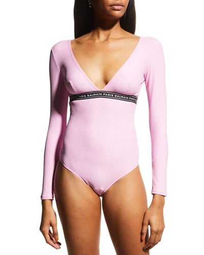 Shop Balmain Long-sleeve Ribbed Microfiber Bodysuit In Light Pink