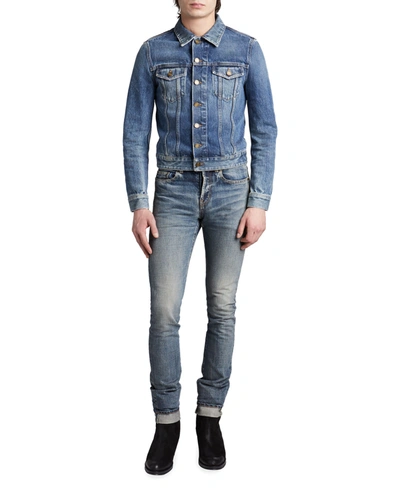 Shop Saint Laurent Men's Distressed Denim Jacket In Blue