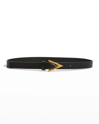 Shop Bottega Veneta Triangle Leather Skinny Belt In Black/gold